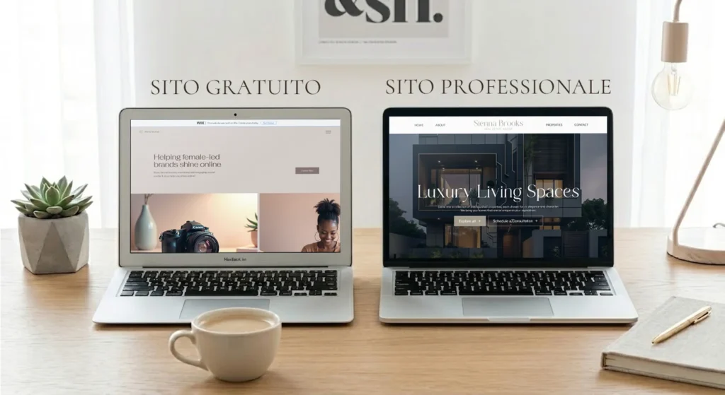 Confronto tra un sito web gratis con pubblicità Wix e un sito professionale di immobili di lusso su due laptop.