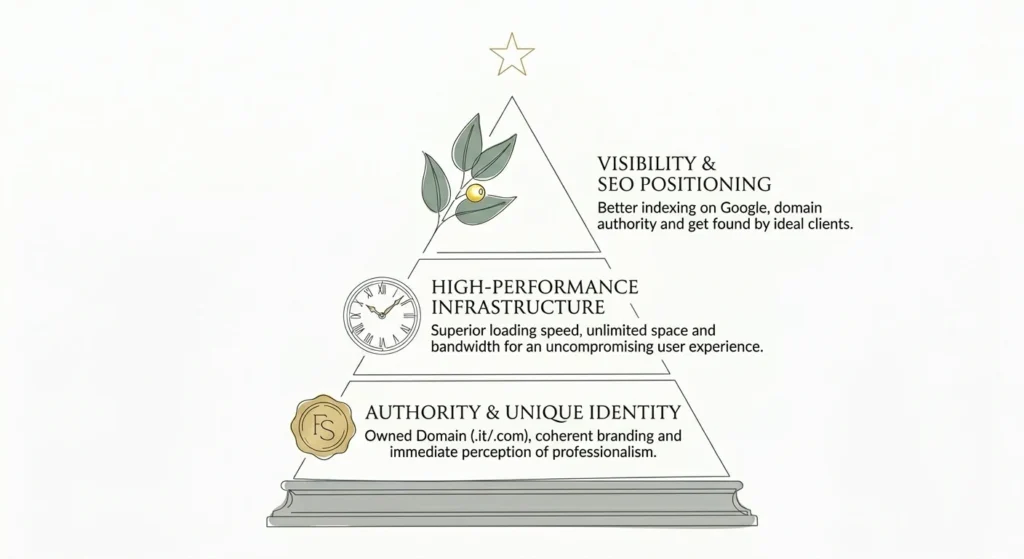 Free website? 5 critical reasons why it might be holding your business back 3 Pyramid infographic showing the 3 pillars of a professional site: Authority, Infrastructure, and SEO Visibility.