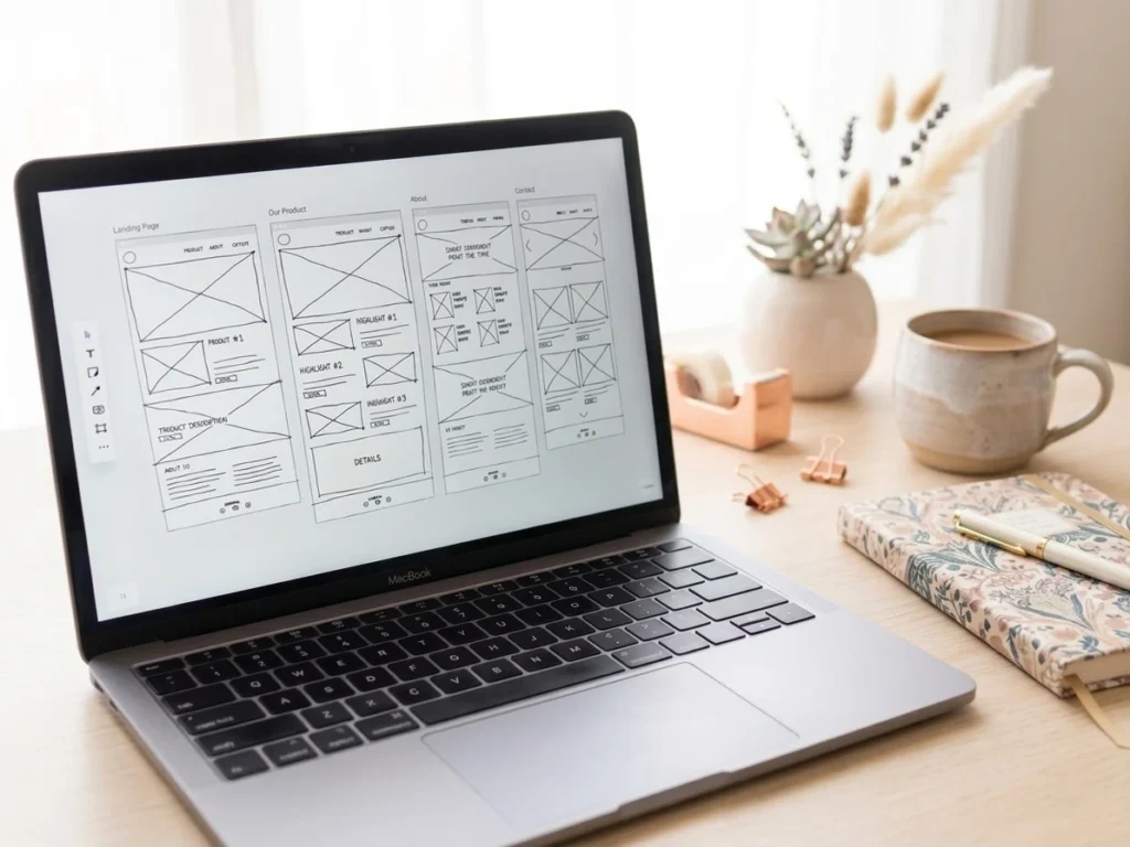 Oltre Instagram: Costruire una Presenza Online Professionale e Solida 1 Mockup di un MacBook su una scrivania in legno che mostra la progettazione della presenza online attraverso wireframe di un sito web, circondato da elementi d'ufficio aesthetic.