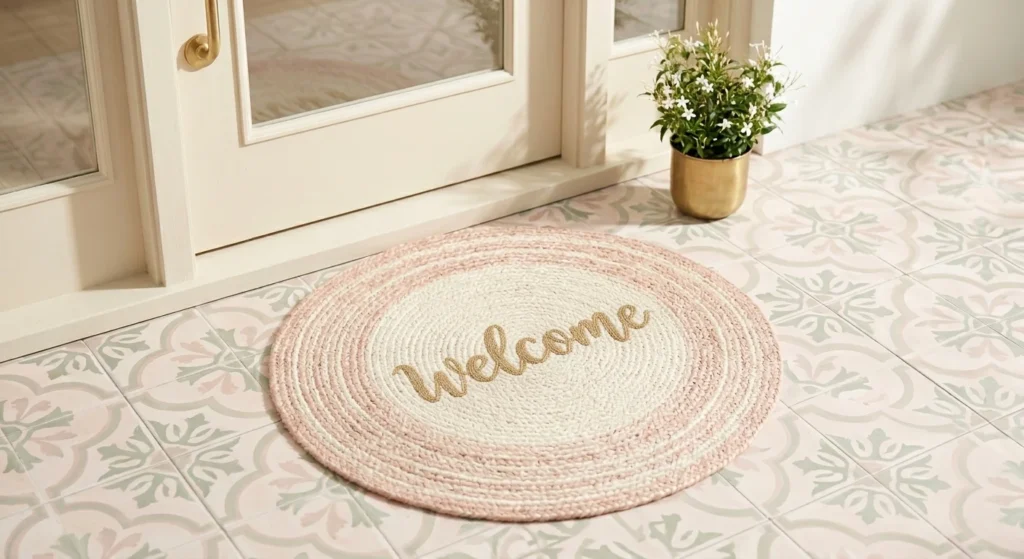The 6-Second Test to See If Your Website Actually Sells 1 A minimalist and aesthetic welcome mat outside a front door, symbolizing the above the fold area for the 6-second website test.