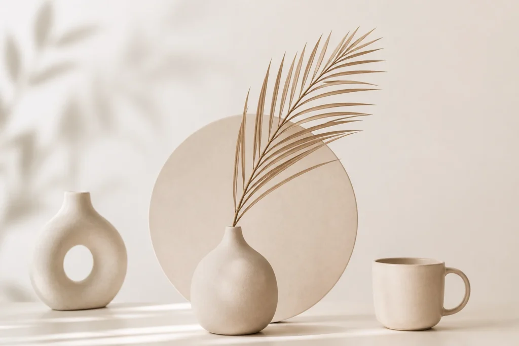 Minimal composition with harmonious objects like vases and a cup, showing how to make your business look more professional online through visual consistency and simple branding.