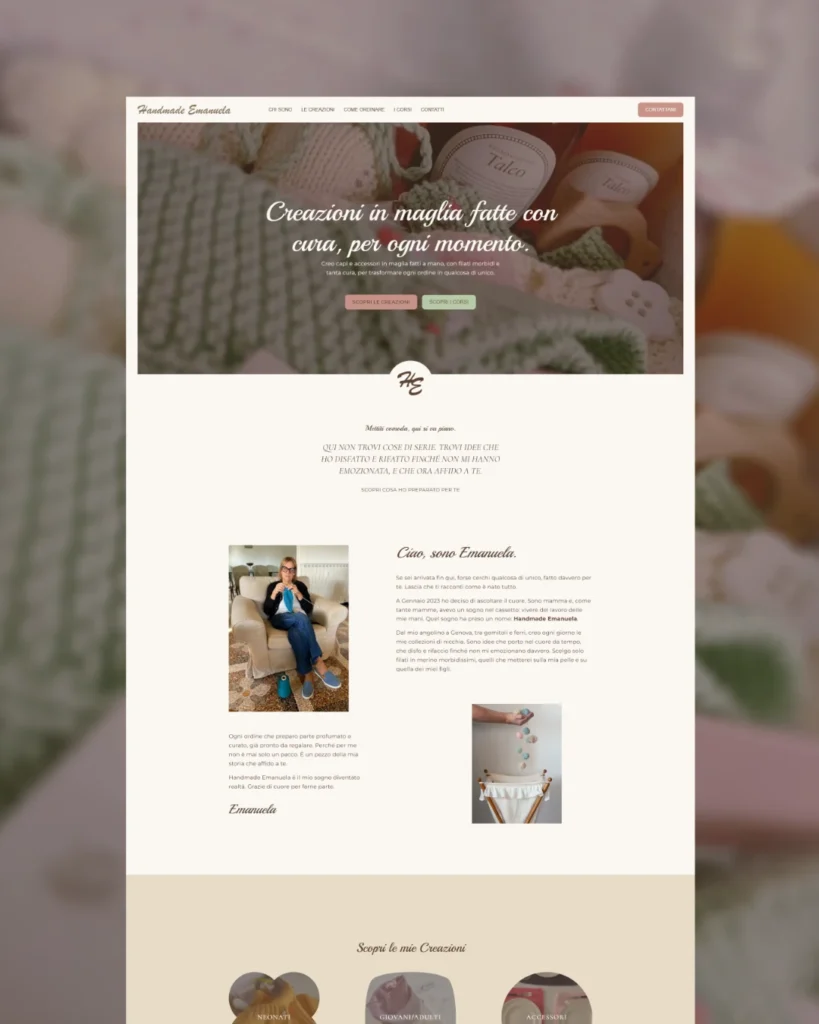 Homepage completa del sito di Handmade Emanuela con presentazione iniziale, storia dell’artigiana e anteprima delle categorie di creazioni