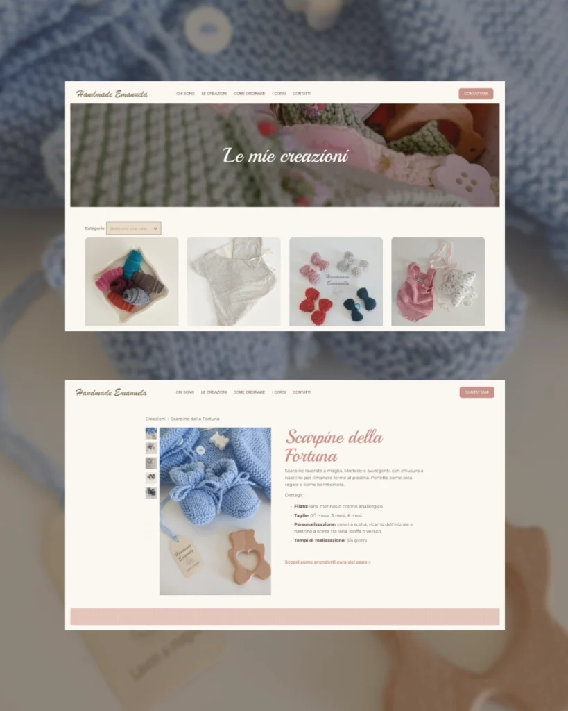 Catalogo online di cappelli a maglia e pagina prodotto delle scarpine per neonati nel sito di Handmade Emanuela