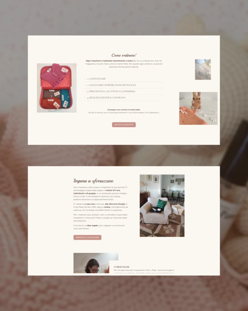 Sezioni “Come ordinare” e “Impara a sferruzzare” del sito di Handmade Emanuela, con i passaggi per ordinare e le informazioni sui corsi di maglia
