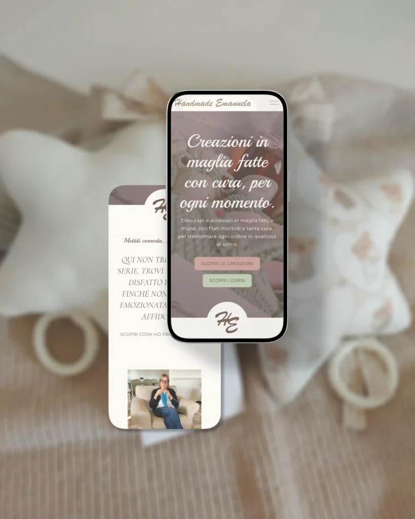 Sito web di Handmade Emanuela in versione mobile, con homepage e sezione di presentazione mostrate su due smartphone