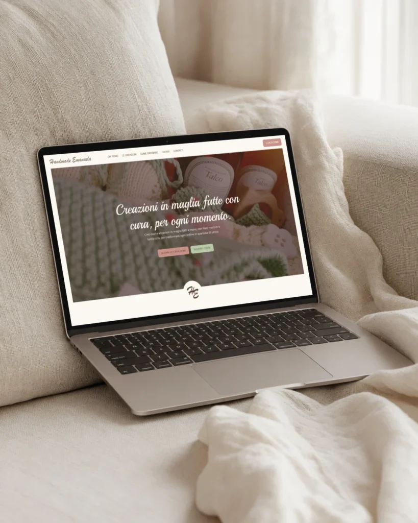 Mockup su laptop del sito web per un’attività artigianale di lavori a maglia, con homepage dai toni rosa e beige